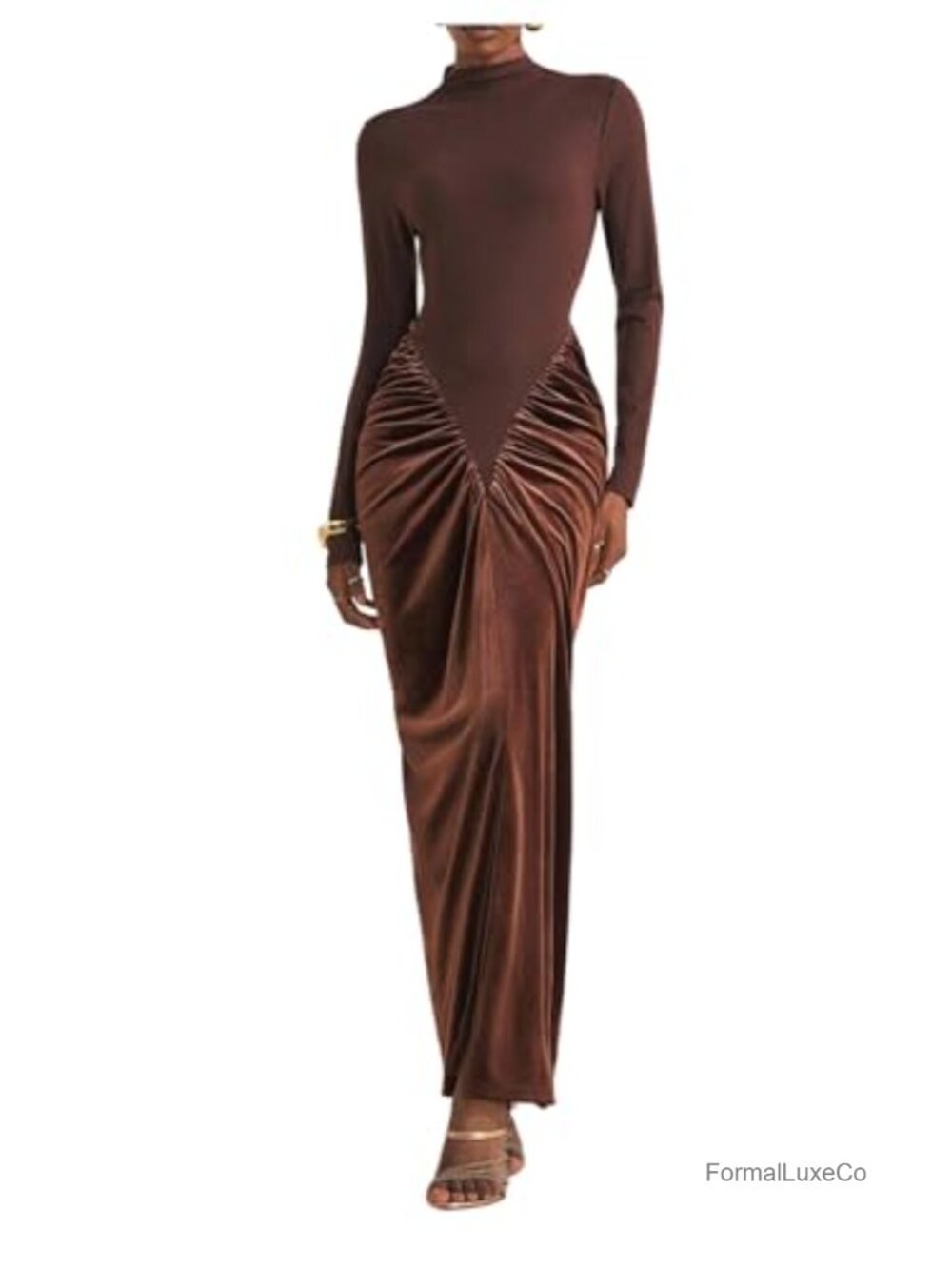 Elegant Long Sleeve Velvet Maxi Dress Mock Neck Ruched Bodycon Cocktail Party